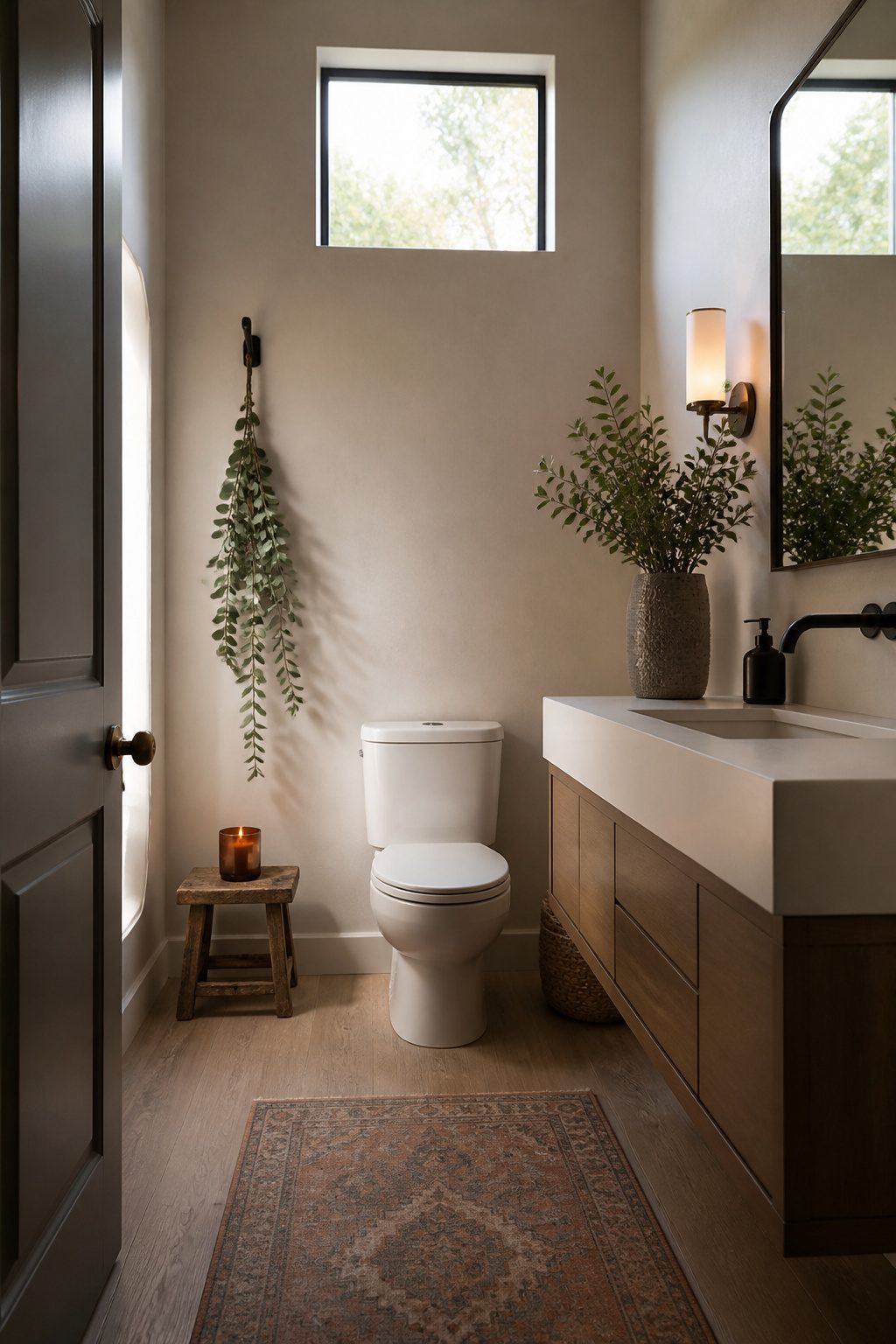 A small stool and faux plant in a half bathroom.