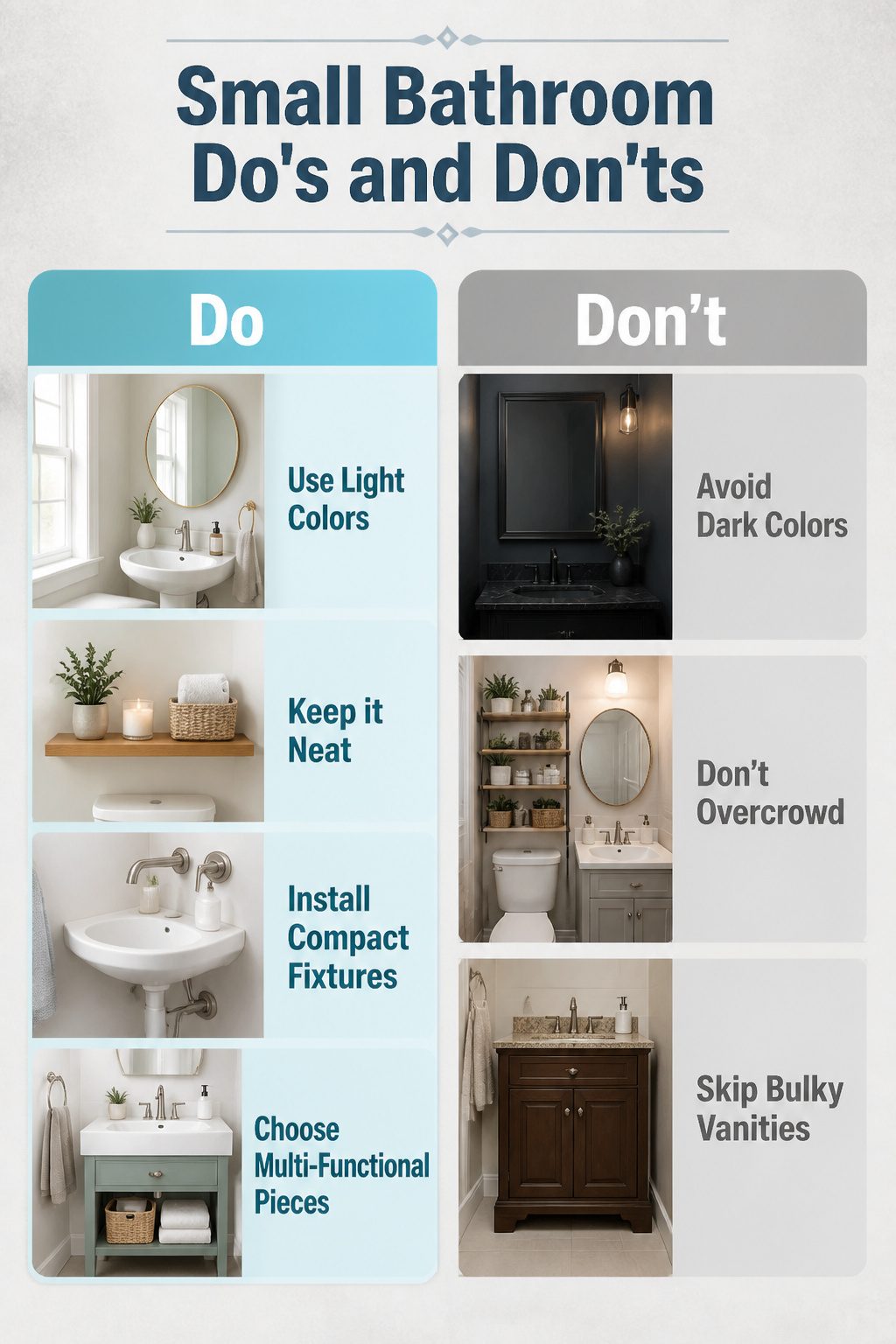 A small bathroom with light colors and a strategically placed mirror.
