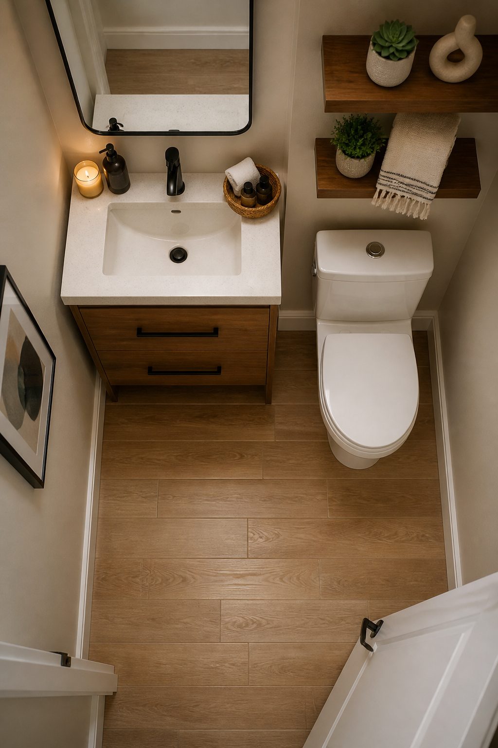 A small vanity with drawers in a half bathroom.