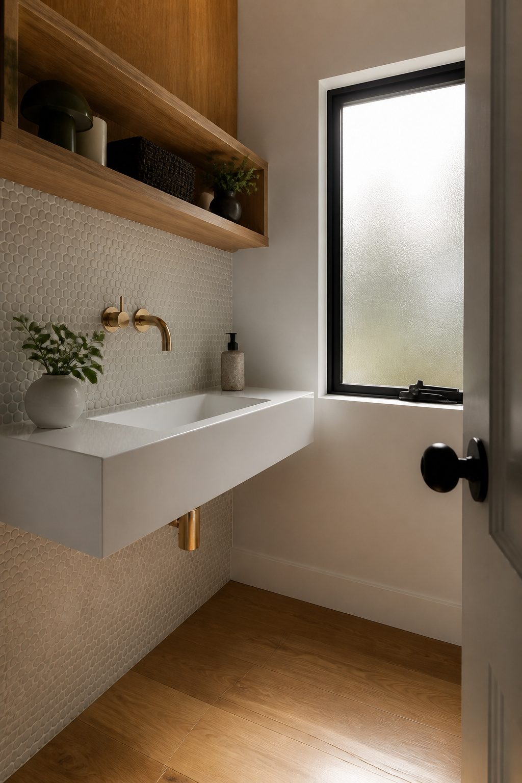 A modern floating sink with a brass wall-mounted faucet.