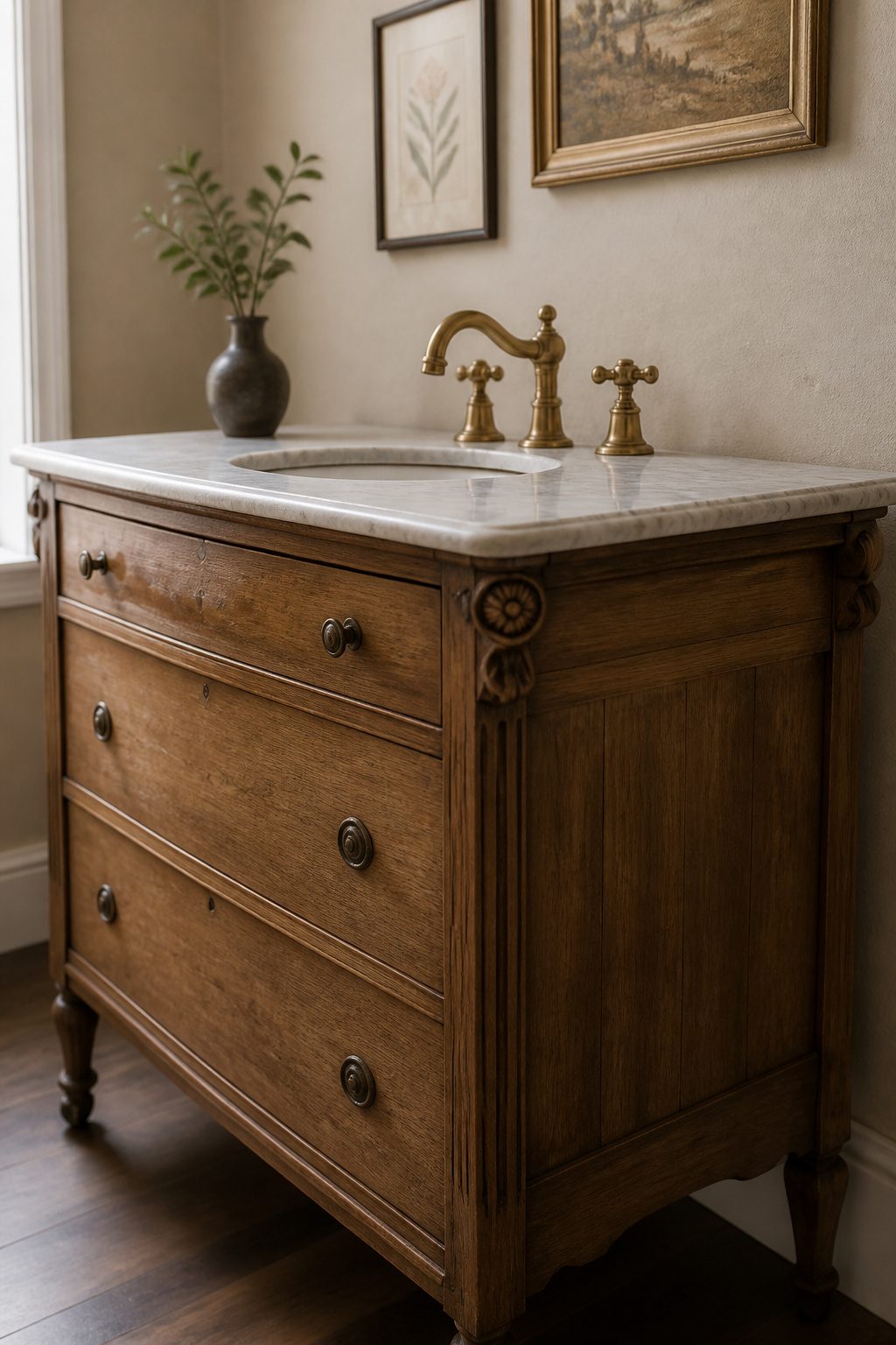 A 1920s dresser converted into a bathroom vanity.