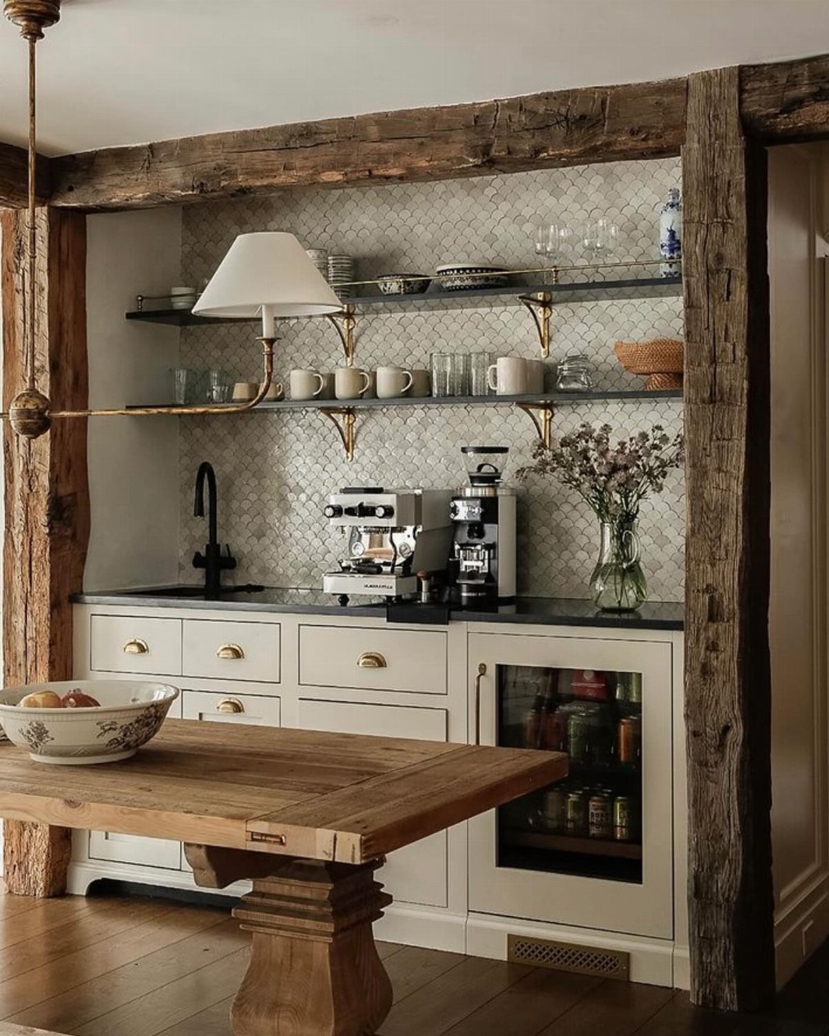 16 Home Coffee Stand Ideas to Fit Any Space 6 Coffee bar with white cabinets, espresso machine, and a light tile backsplash.