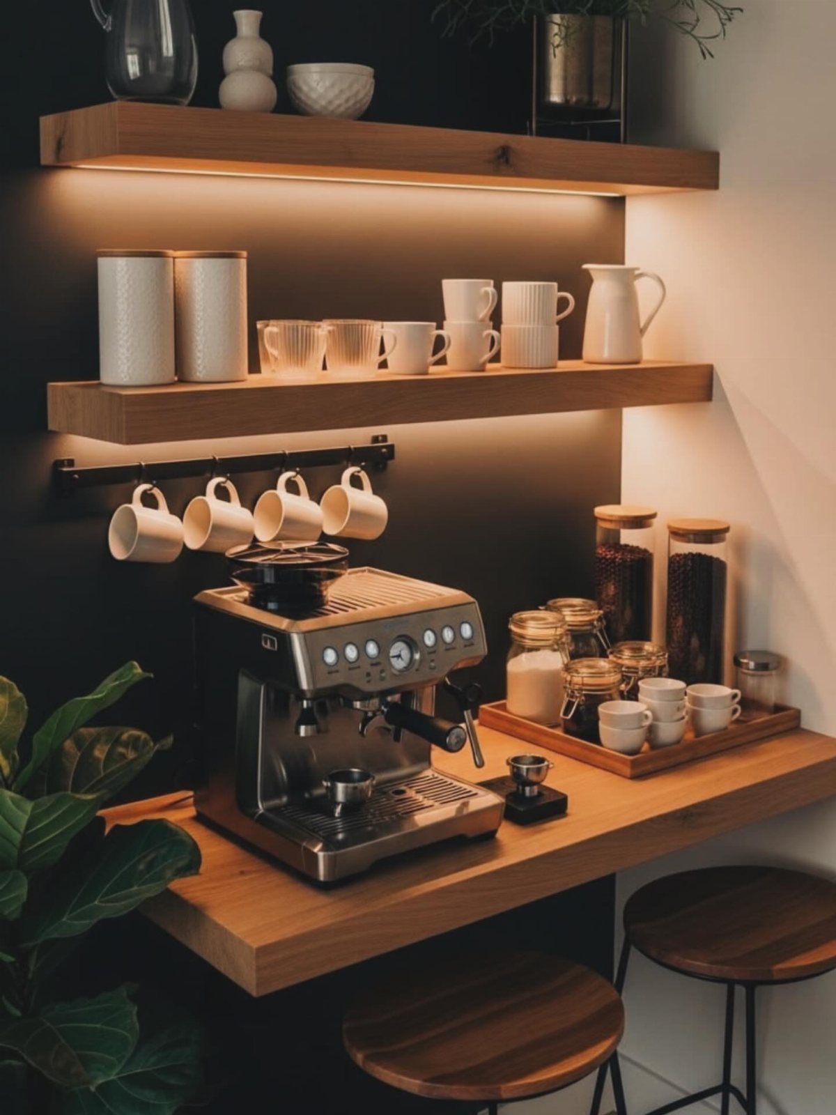 16 Home Coffee Stand Ideas to Fit Any Space 2 Compact coffee bar with espresso machine, floating wood shelves, and hanging white mugs.
