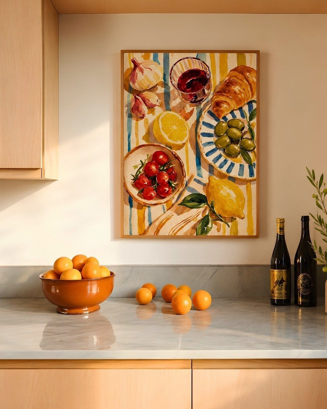 20 Home Kitchen Decor Ideas to Refresh Your Space 5 Still life painting of Mediterranean food hanging on a white kitchen wall.