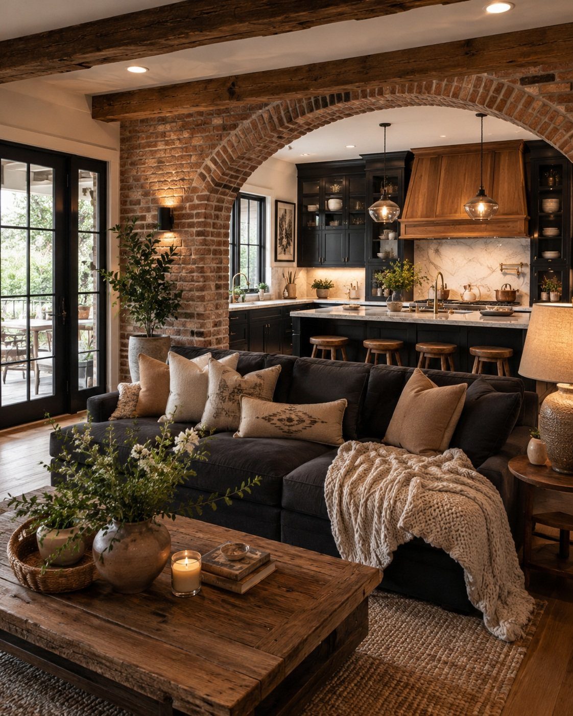 20 Home Kitchen Decor Ideas to Refresh Your Space 20 Living room with blue sofa and wooden table facing a kitchen through brick archway