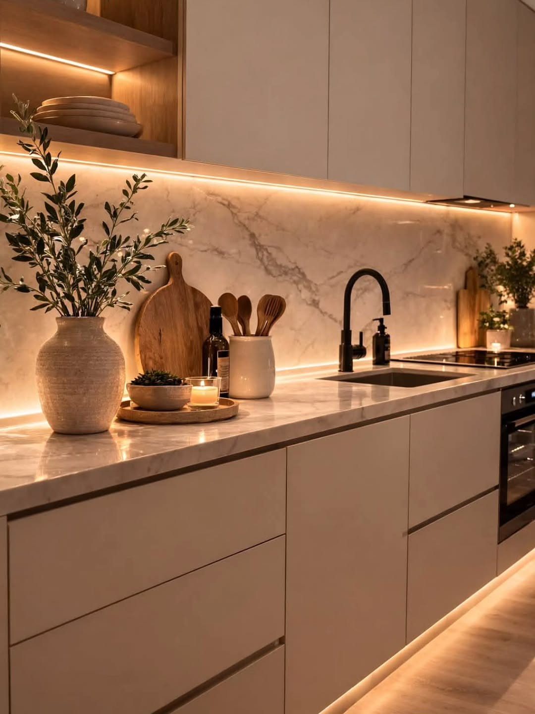 20 Home Kitchen Decor Ideas to Refresh Your Space 13 Modern kitchen counter with a curated display of greenery, wooden boards, and utensils.