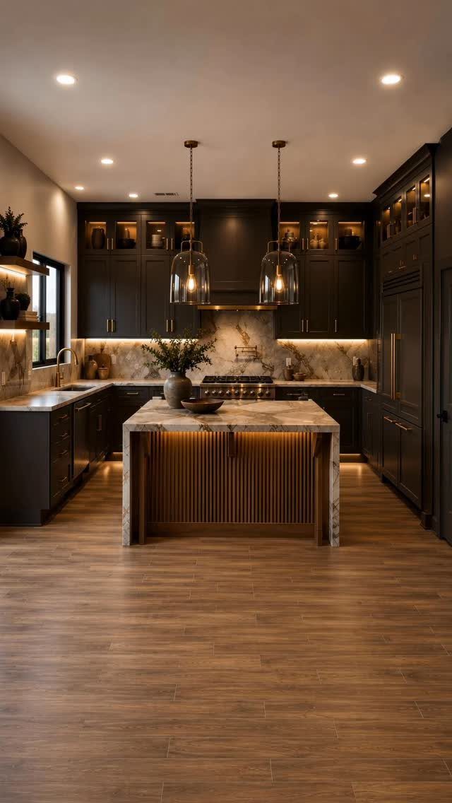 20 Home Kitchen Decor Ideas to Refresh Your Space 14 Marble kitchen island and backsplash paired with dark cabinetry and warm wood flooring.