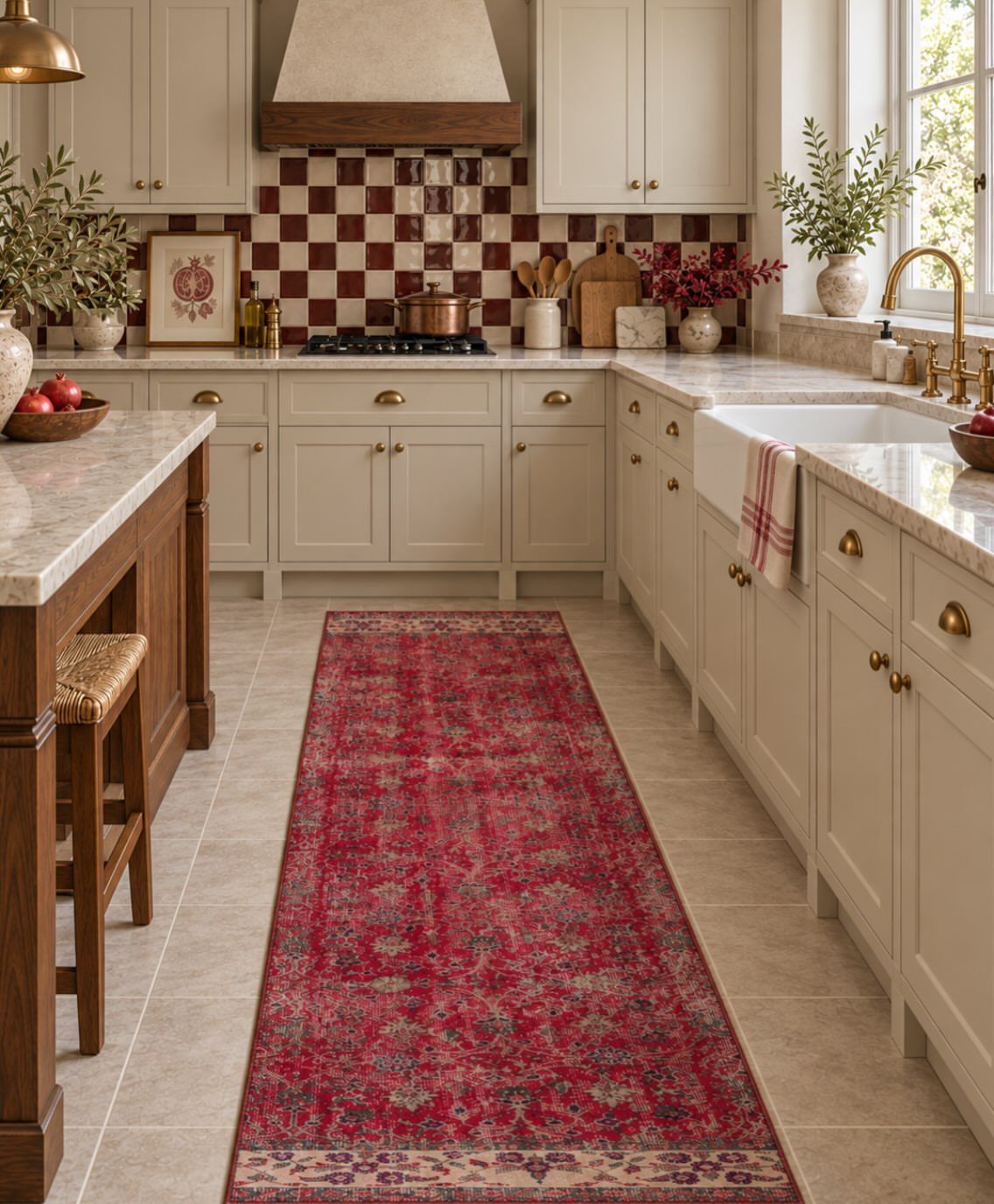 20 Home Kitchen Decor Ideas to Refresh Your Space 11 Red vintage runner rug on a tiled floor in a classic cream kitchen