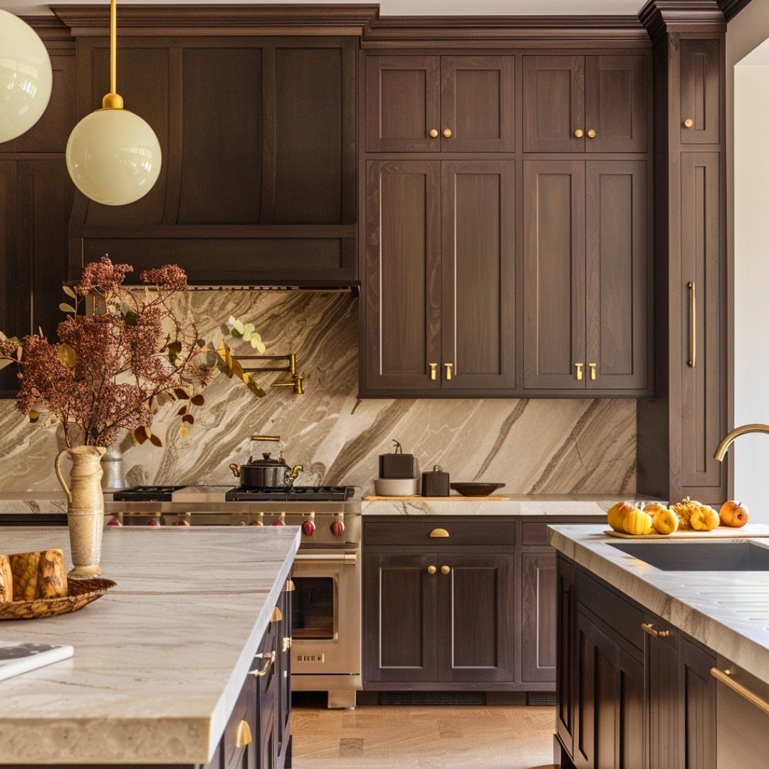 20 Home Kitchen Decor Ideas to Refresh Your Space 21 Dark brown kitchen cabinets with white marble countertops and a matching marble backsplash.