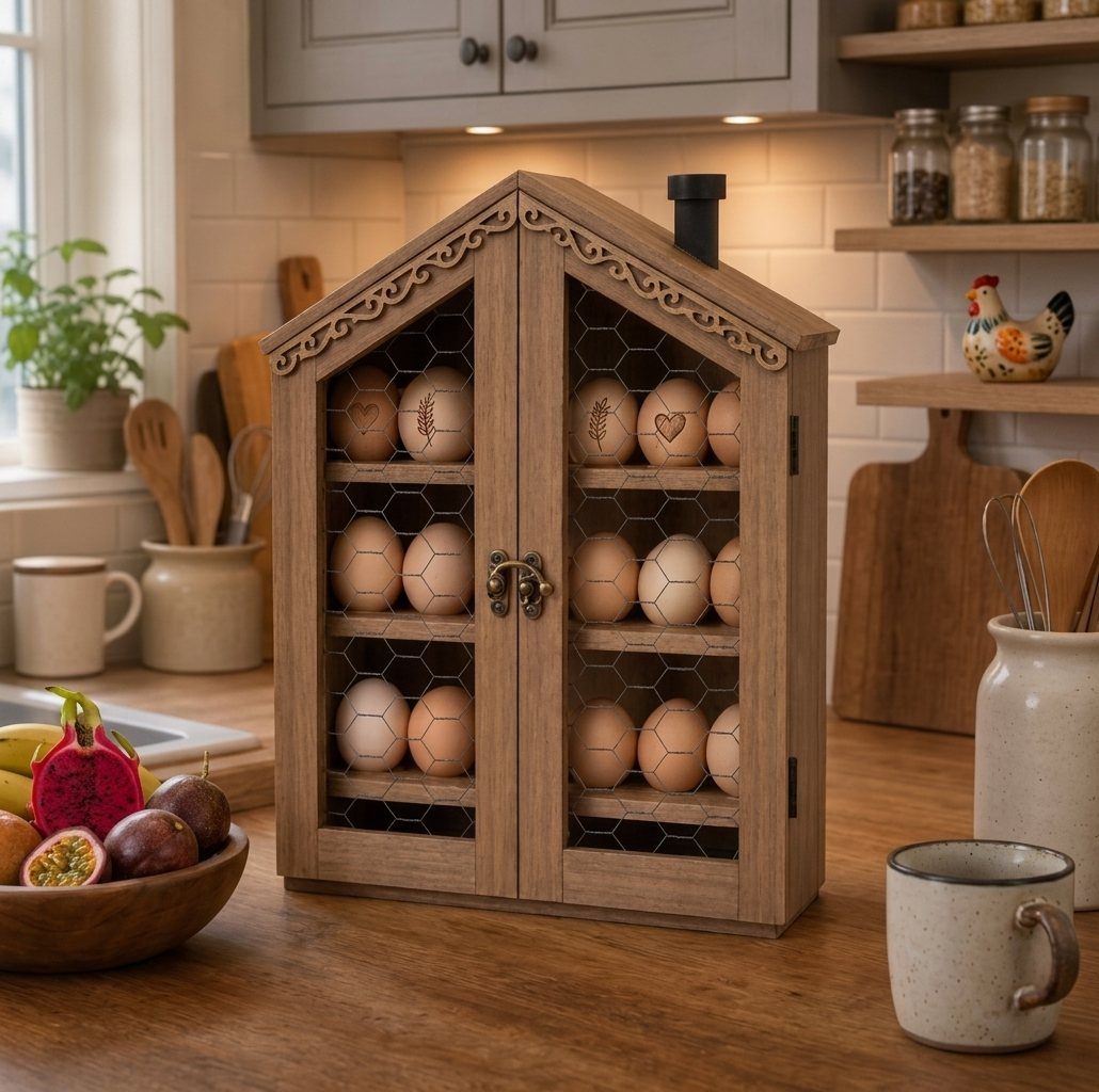 20 Home Kitchen Decor Ideas to Refresh Your Space 8 House-shaped wooden egg holder on a kitchen counter with wooden accents and shelves.