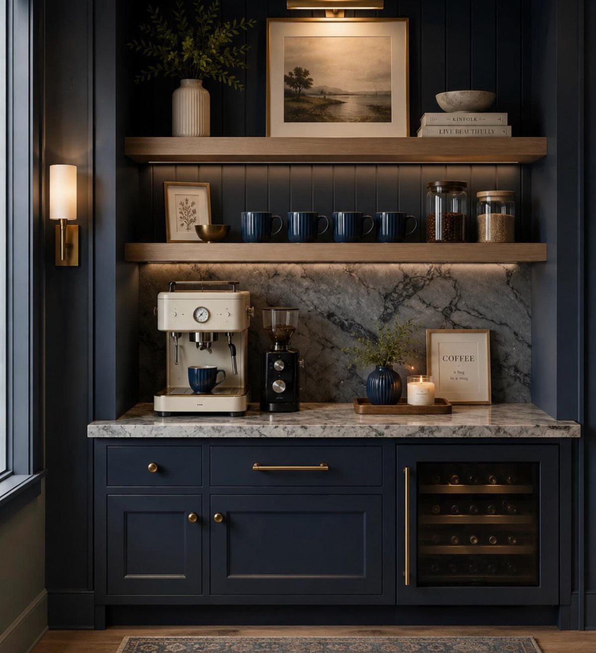 Navy blue coffee station with marble counters and warm under-shelf lighting on wooden shelves.