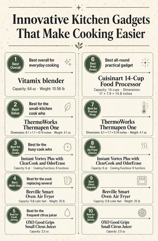 Comparison infographic listing kitchen gadgets under the title Innovative Kitchen Gadgets That Make Cooking Easier