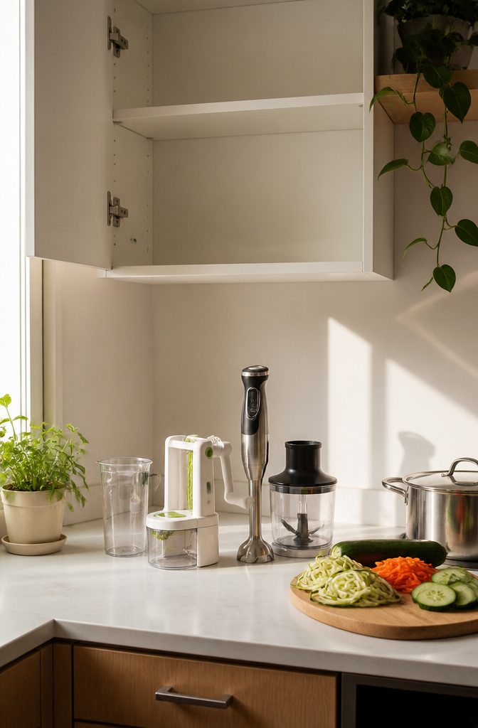 Kitchen gadget on a cramped counter beside utensils and ingredients