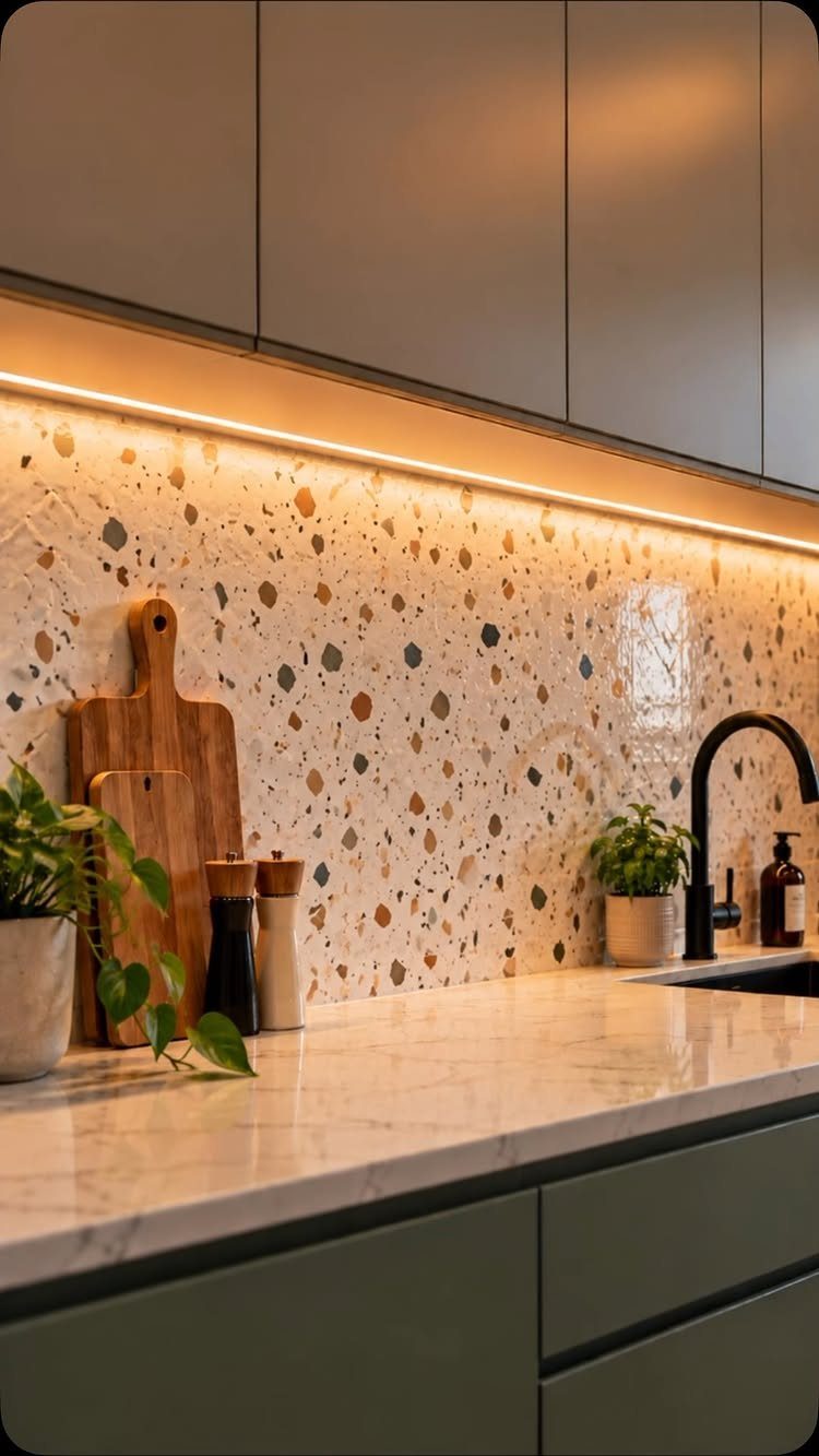 Terrazzo backsplash in a modern kitchen with marble countertops and sage green cabinets.