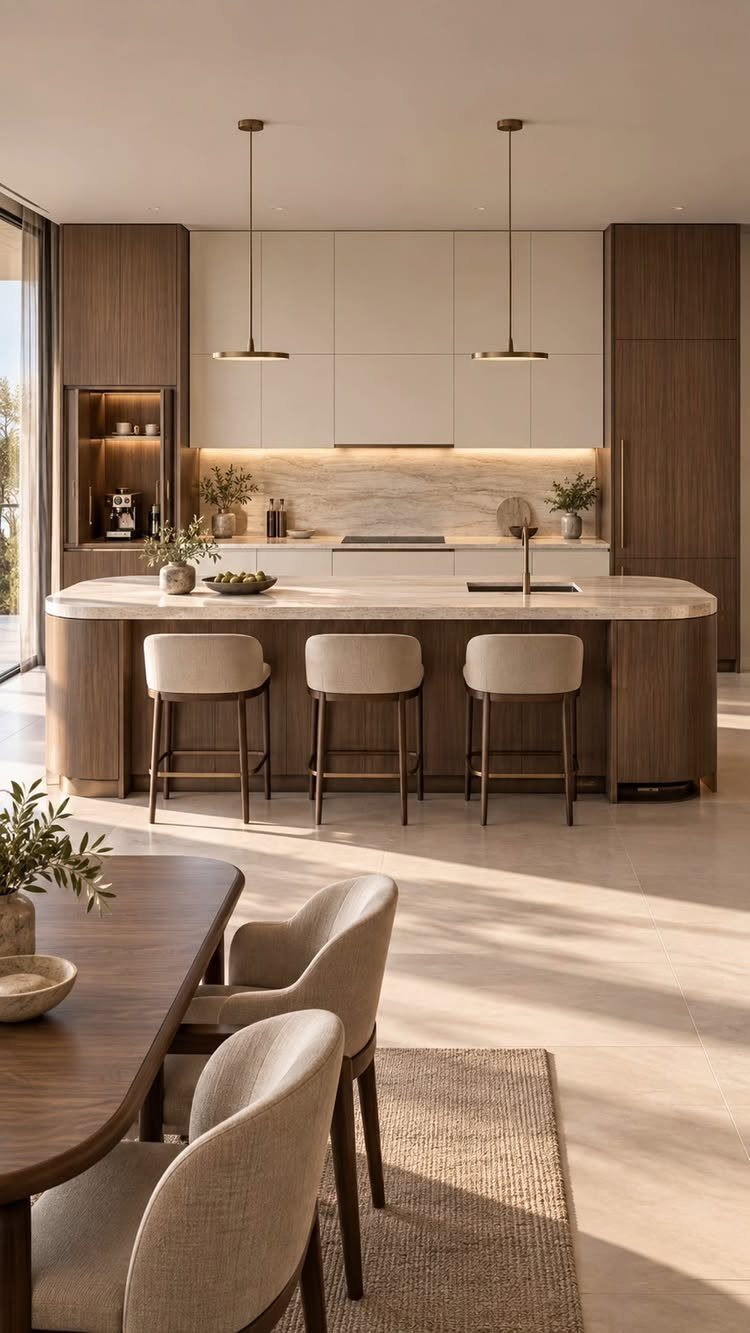 Modern kitchen with a neutral palette, white and wood cabinets, and a large island.