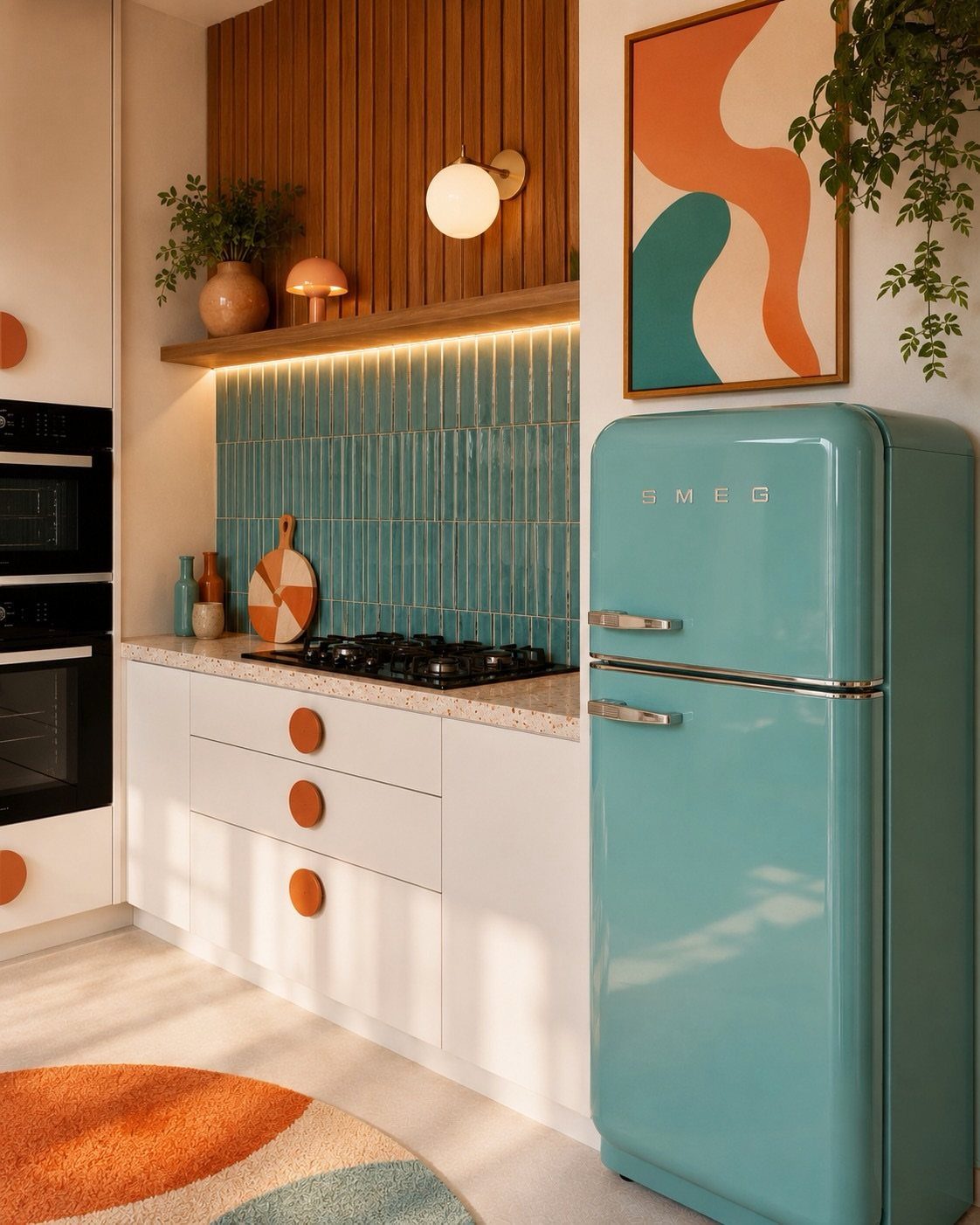 Turquoise retro refrigerator and teal tiled backsplash in a mid-century modern kitchen.