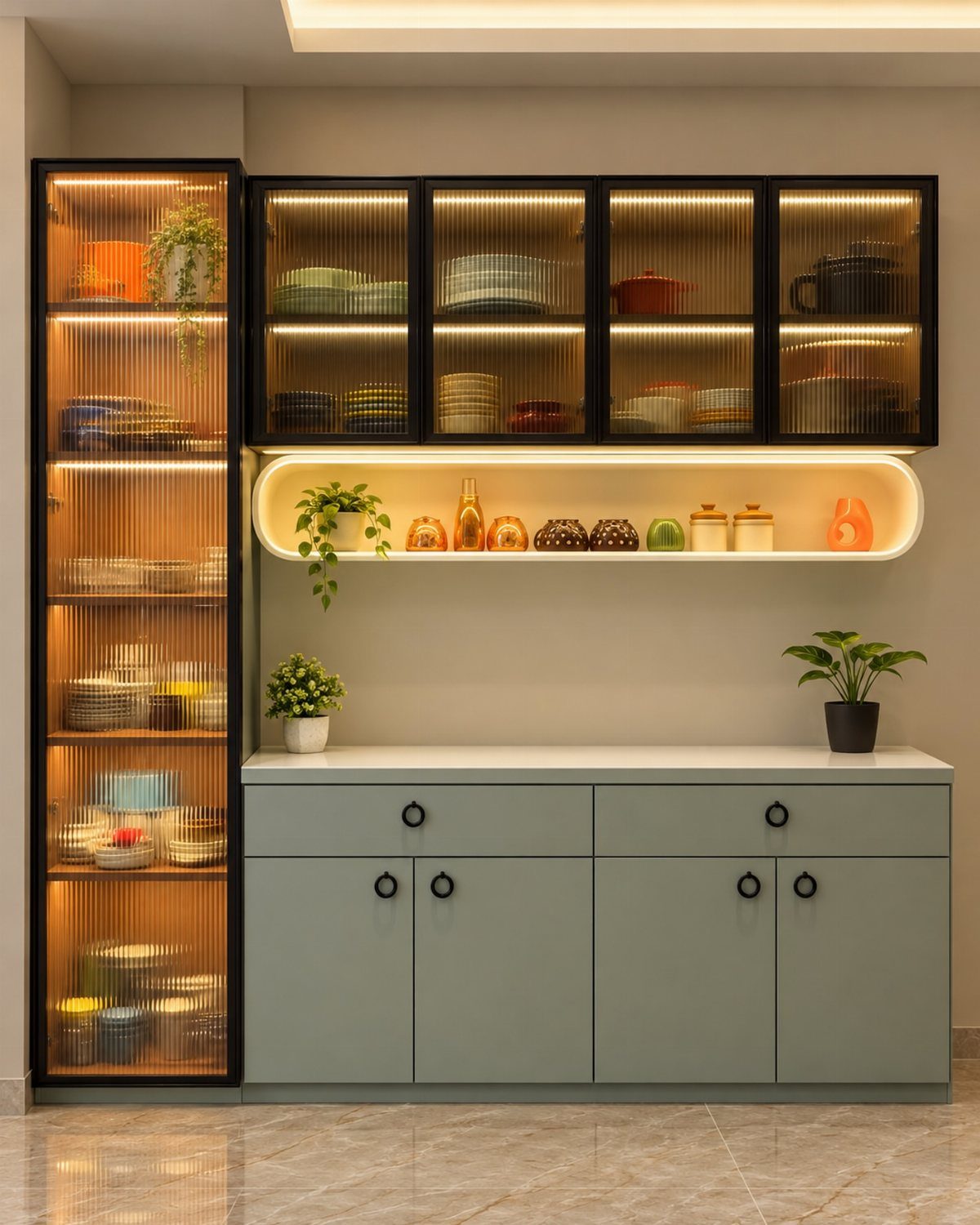 Modern kitchen storage unit with ribbed glass cabinets and open shelving displaying crockery.