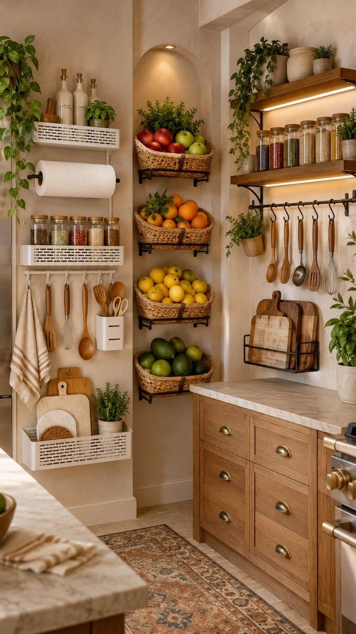 Wooden kitchen utensils hanging from a rail above wooden cabinets and marble counters.