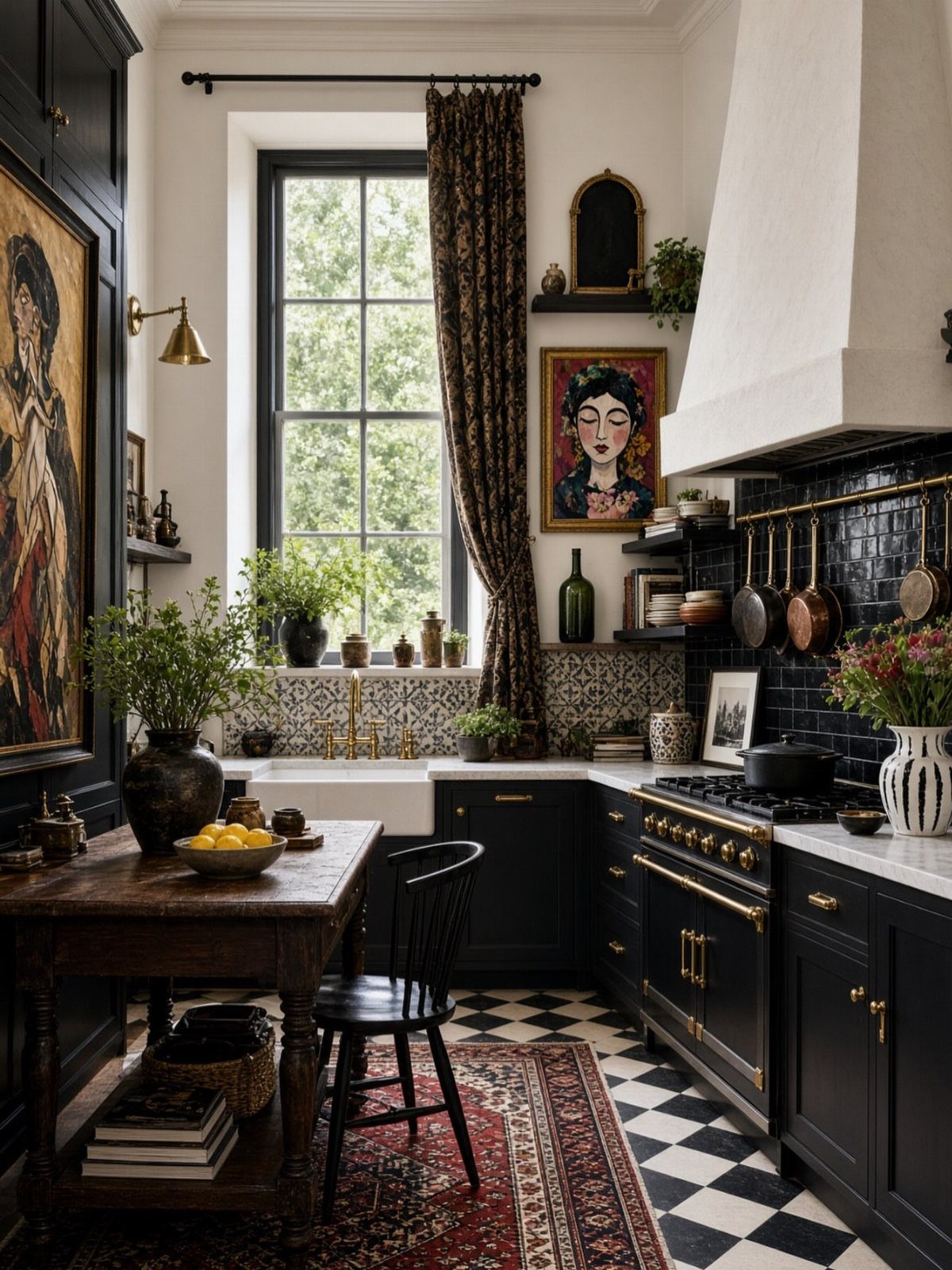 Eclectic kitchen with black cabinets, checkered floors, copper pots, and various decorative art pieces.