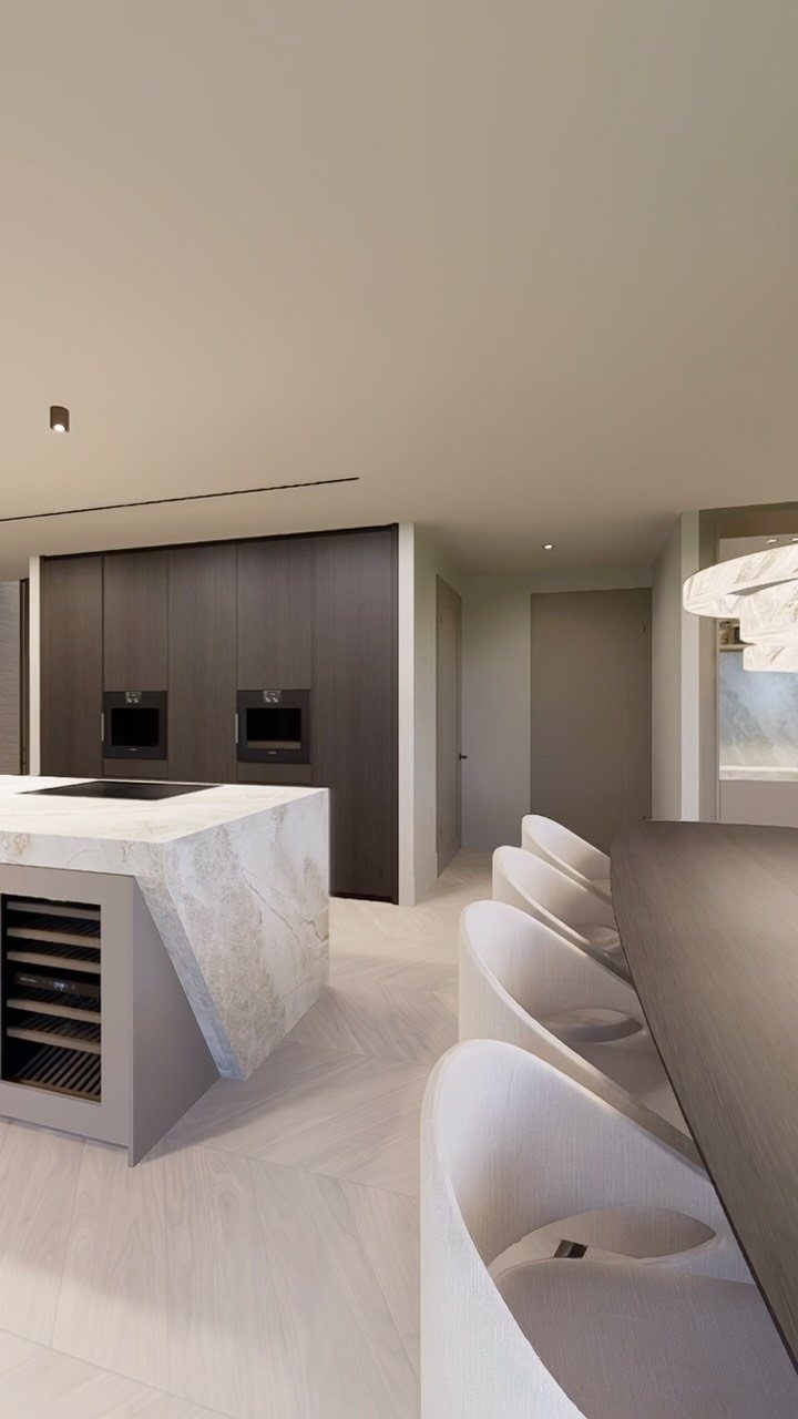 White marble kitchen island with wine cooler and curved white bar stools