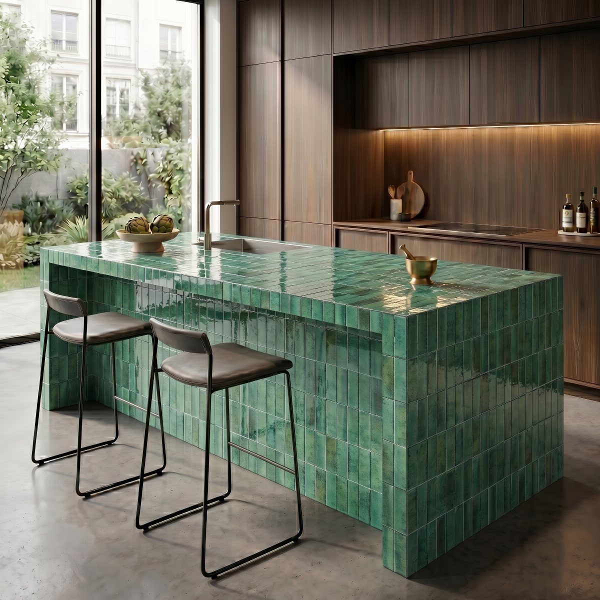 Green tiled kitchen island with two grey bar stools in a modern kitchen.