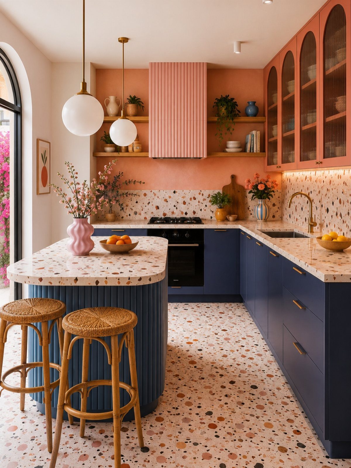 Modern kitchen with navy blue lower cabinets and terracotta upper cabinets and terrazzo floors.