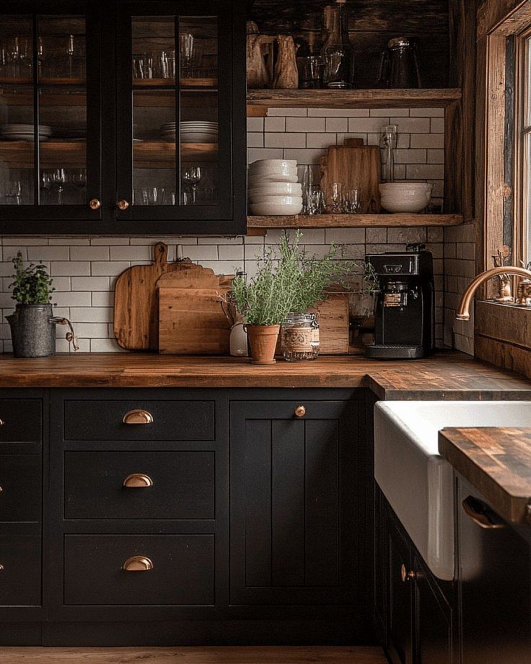 Wooden butcher-block countertops in a rustic kitchen with black cabinets and white sink.