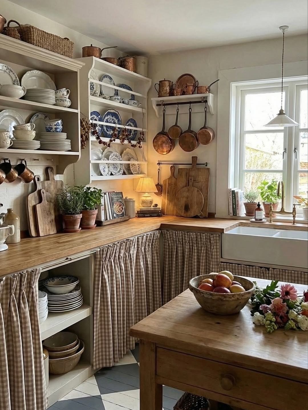 Rustic kitchen with beige checkered cabinet curtains, wooden countertops, and open shelving.