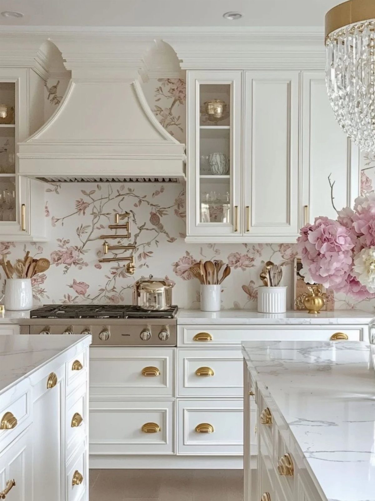 White kitchen with floral wallpaper, gold cabinet handles, and white marble countertops.