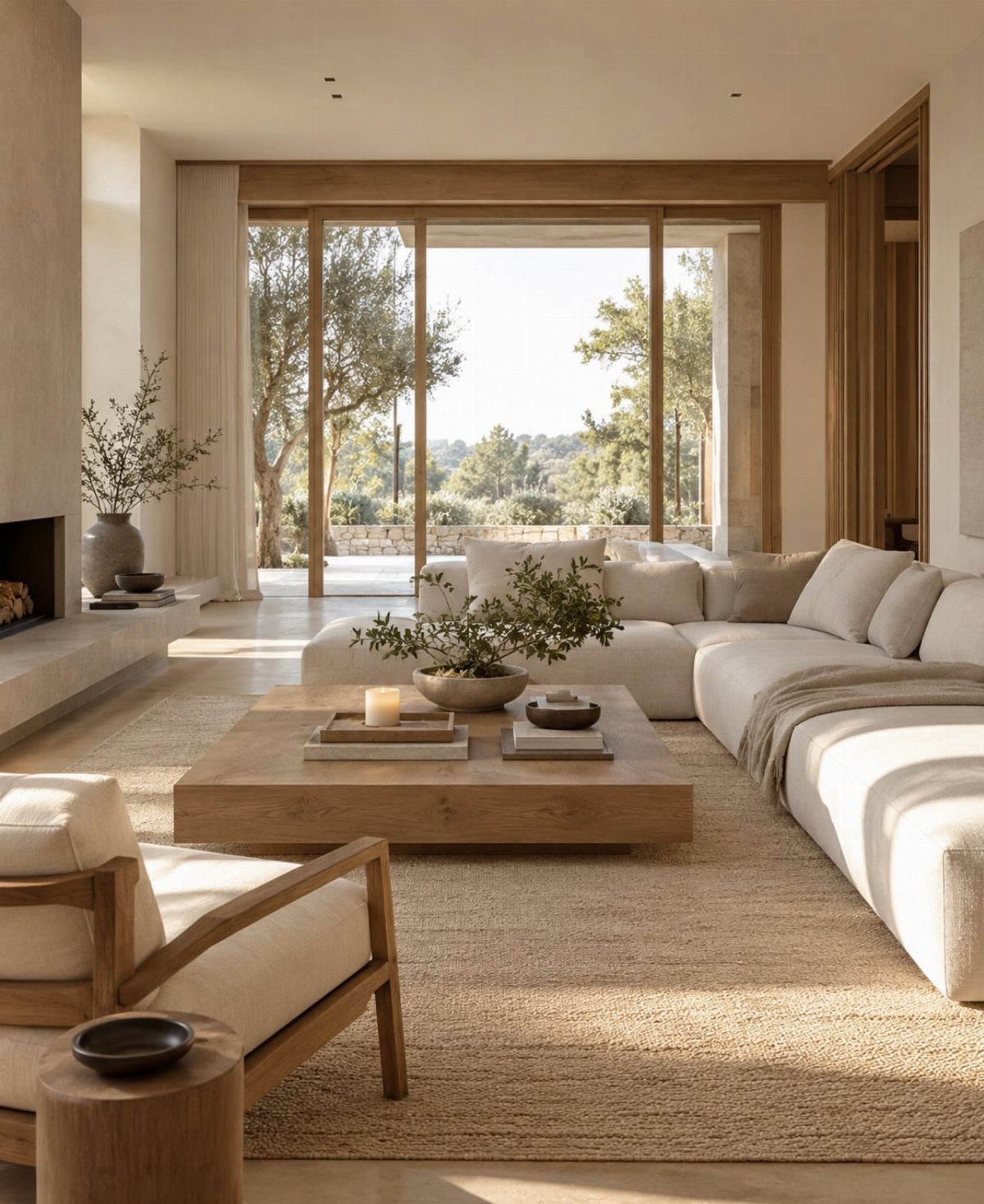 Interior Design Minimalist: 15 Ideas for Clean, Simple Spaces 4 Sunlit minimalist living room with white sofa and large glass doors opening to nature