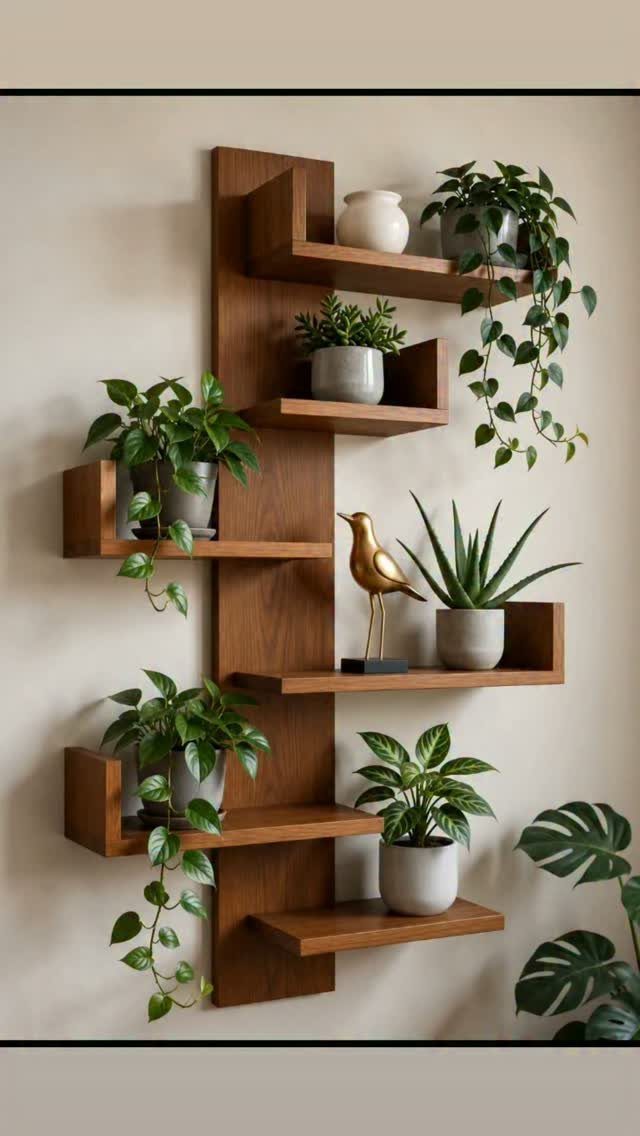 Interior Design Minimalist: 15 Ideas for Clean, Simple Spaces 11 Wooden wall shelves holding various small potted green plants and a gold bird figurine.