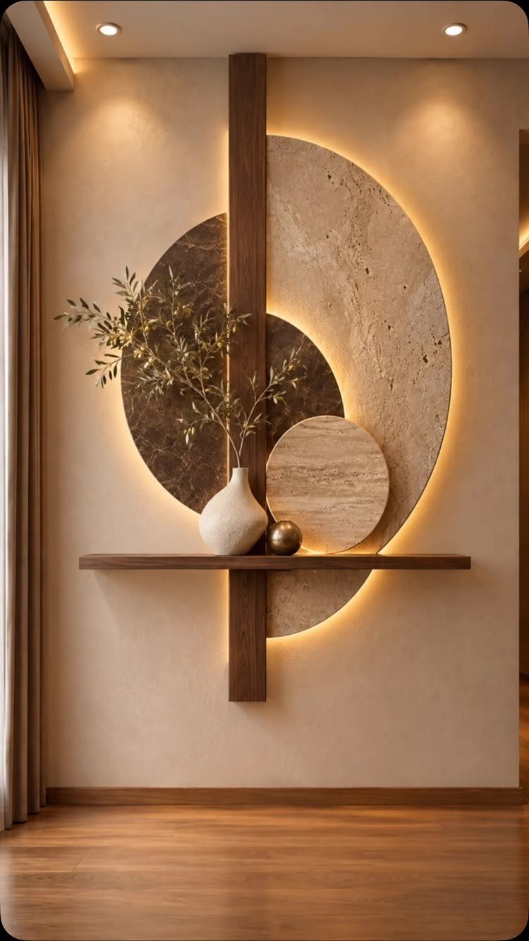 Interior Design Minimalist: 15 Ideas for Clean, Simple Spaces 14 Minimalist wall art with circular stone slabs, wooden accents, and a small plant vase.
