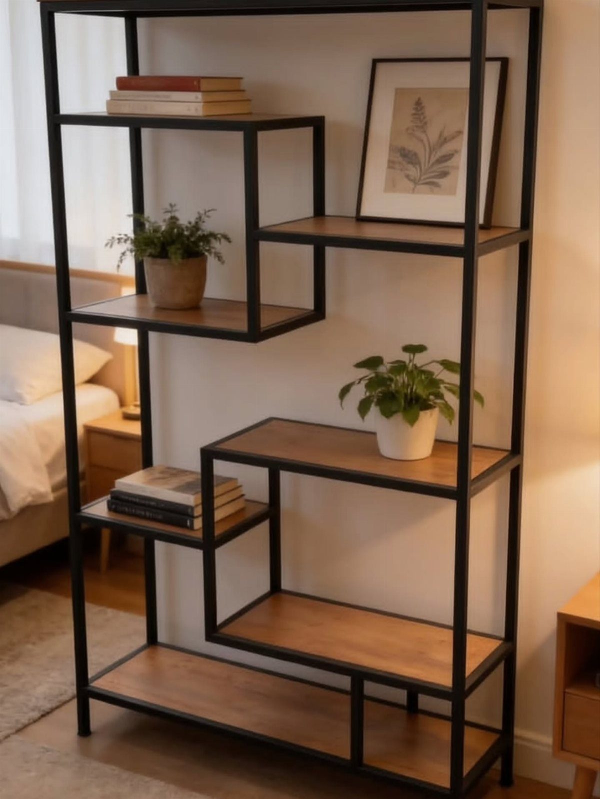 Interior Design Minimalist: 15 Ideas for Clean, Simple Spaces 8 Geometric shelving unit with black metal frames and wooden shelves holding minimal decor.