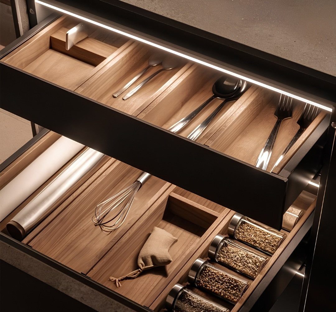 Open kitchen drawers with wooden dividers holding silverware, a whisk, and glass jars.