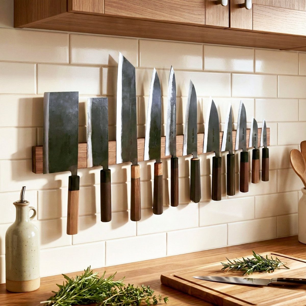 Kitchen knives held by a magnetic wooden strip on a white tiled wall.