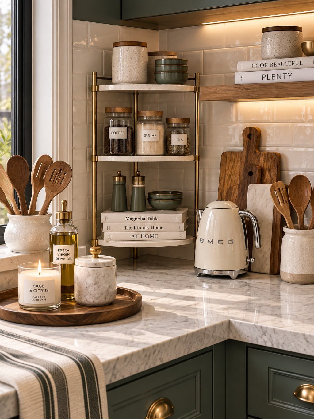 Kitchen counter with gold shelving holding labeled jars, a white kettle, and wooden utensils.