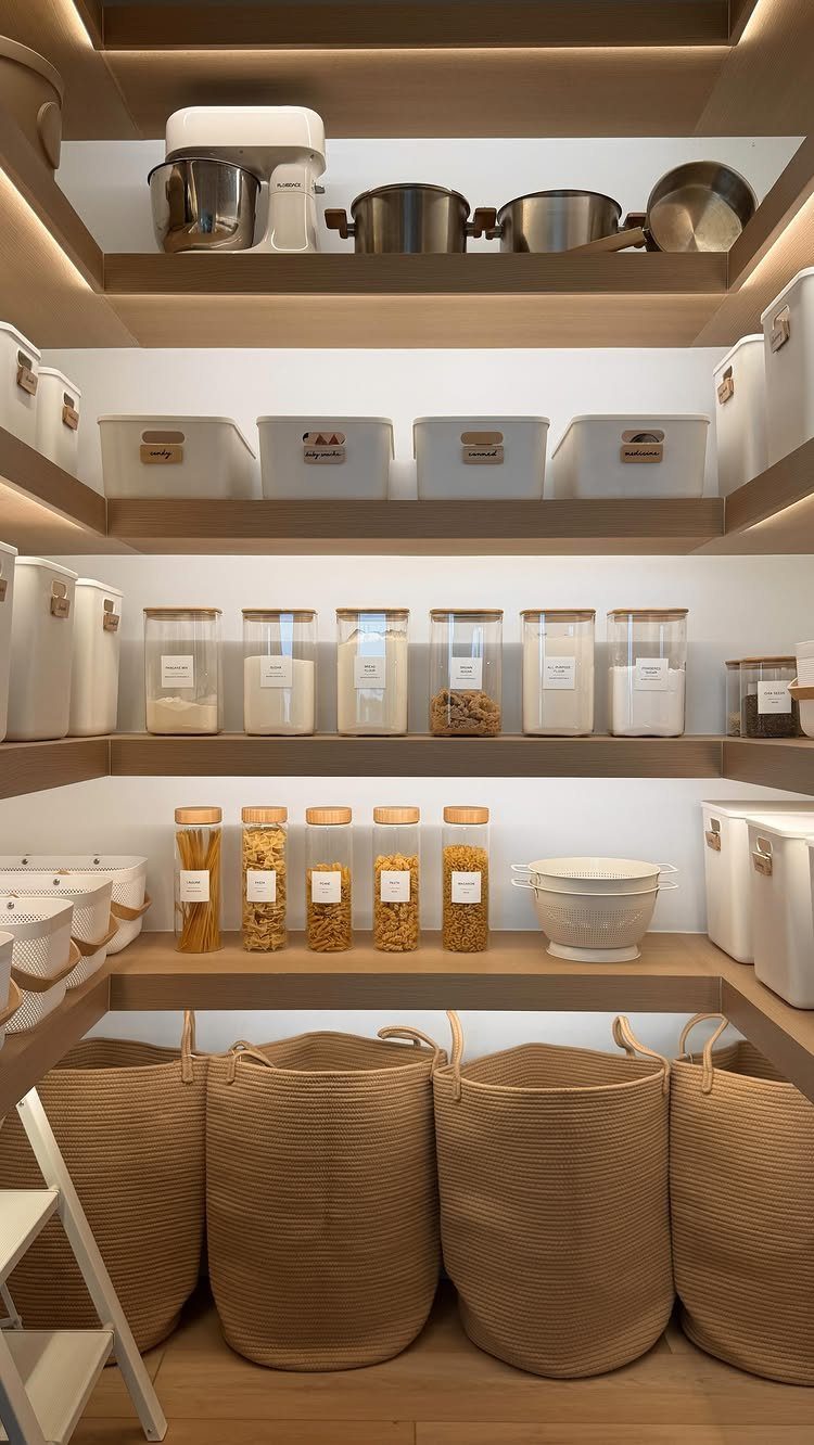 Organized pantry shelves with white bins, glass jars, and large woven wicker baskets.