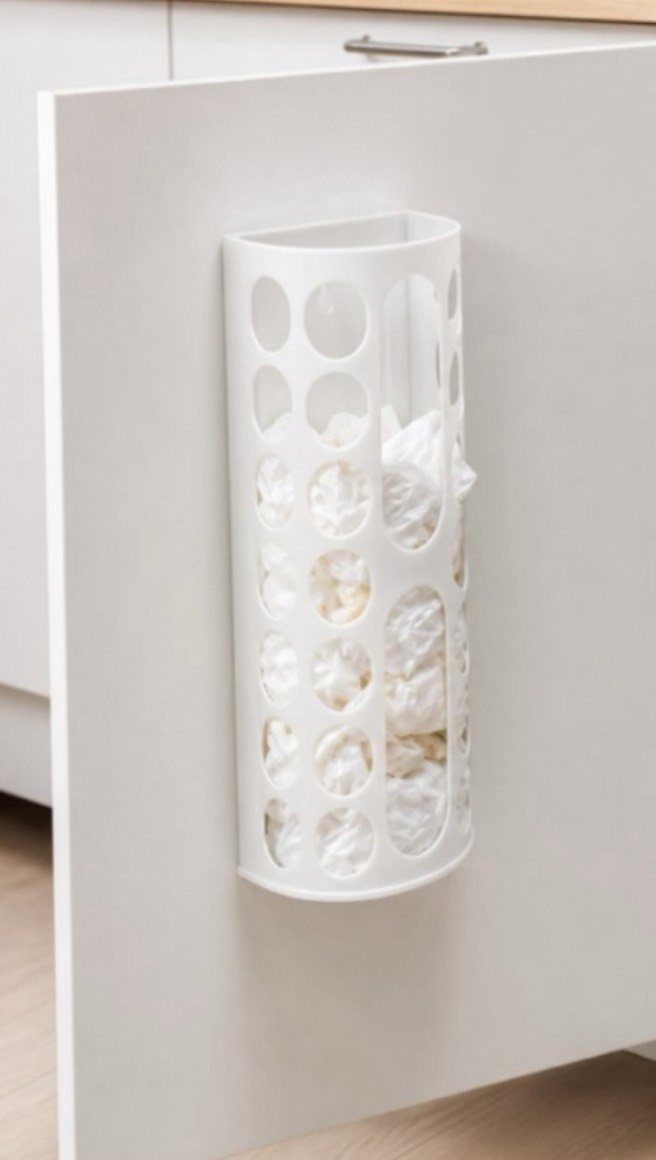 White plastic bag holder mounted on the inside of a white kitchen cabinet door.