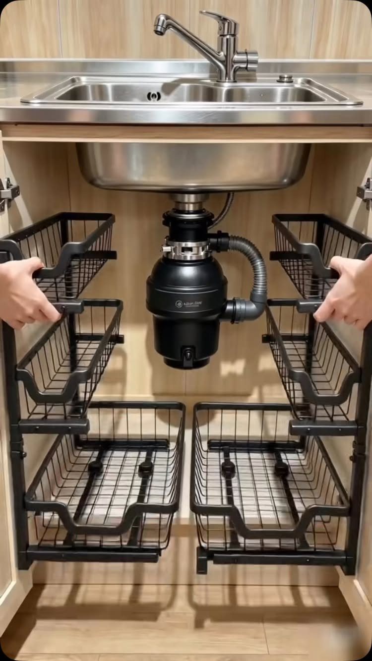 Under-sink kitchen cabinet with black metal pull-out wire baskets organizing the space.