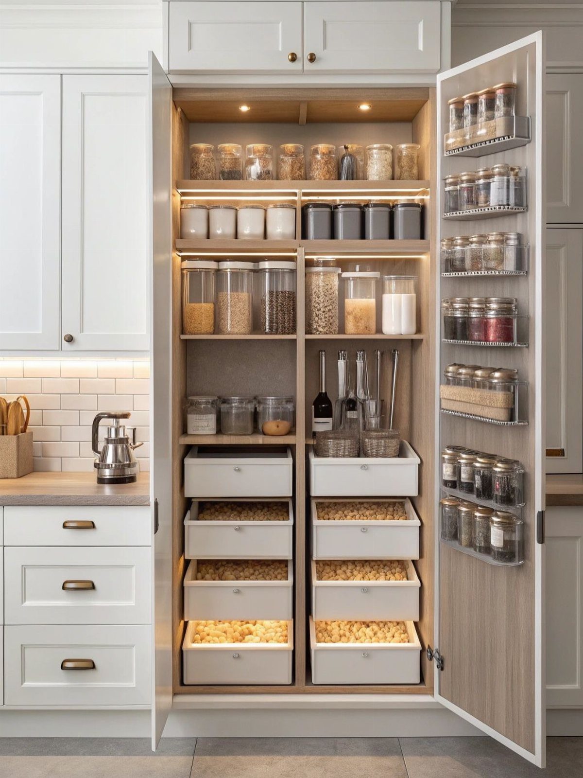 Open white kitchen pantry with organized jars, bins, and door-mounted spice racks.