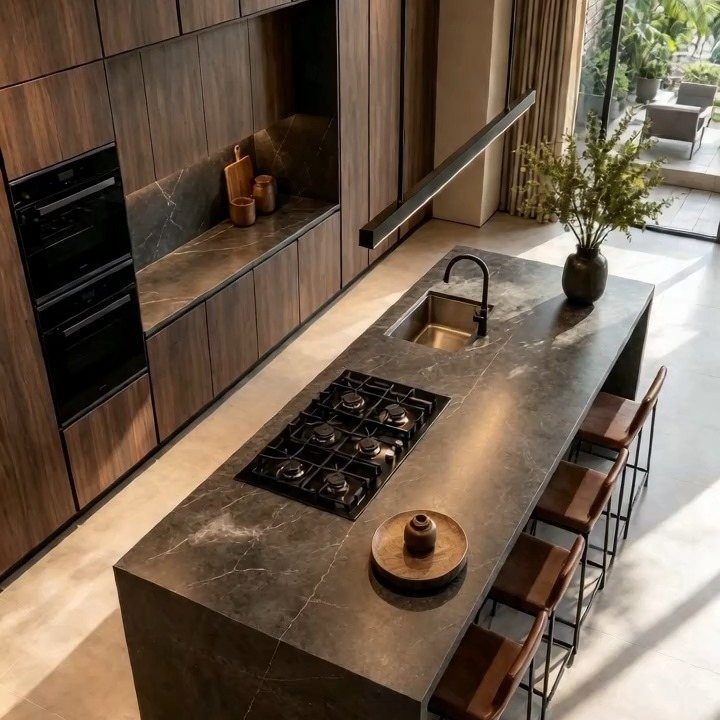 Modern kitchen with dark wood cabinets and a large grey marble island with seating.