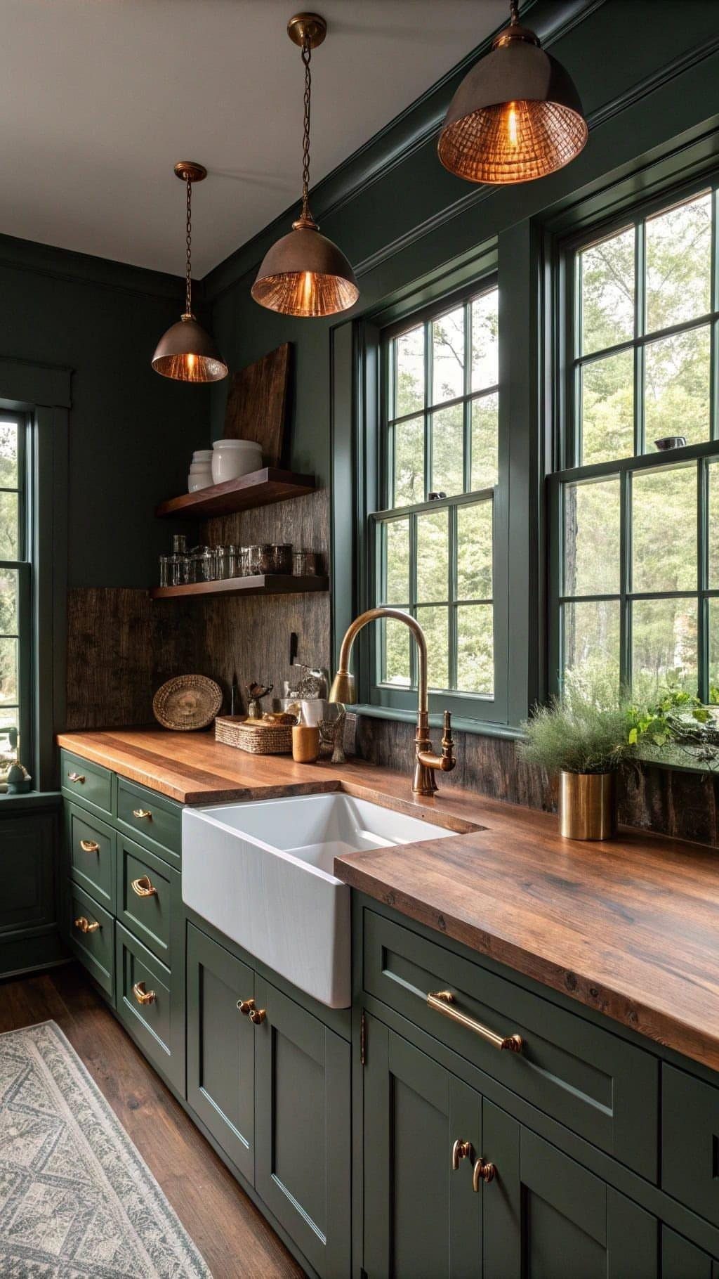 Deep green kitchen cabinets with a natural wood countertop and brass pendant lighting.