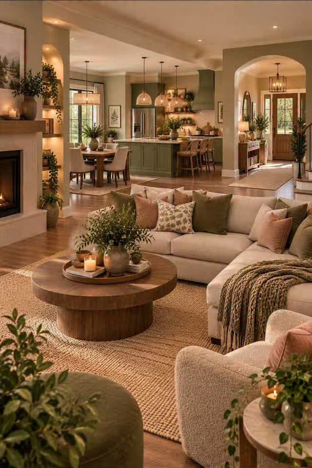 Open concept living room and kitchen with green cabinetry and neutral toned furniture