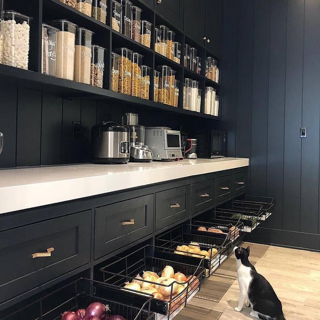 Dark charcoal grey kitchen cabinetry with floor-to-ceiling storage and pull-out wire baskets.