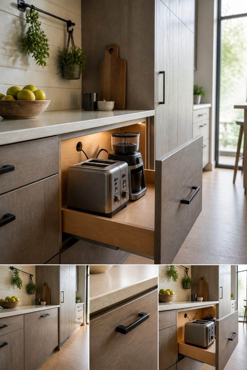 A shallow drawer holding a toaster and coffee grinder beneath the counter.