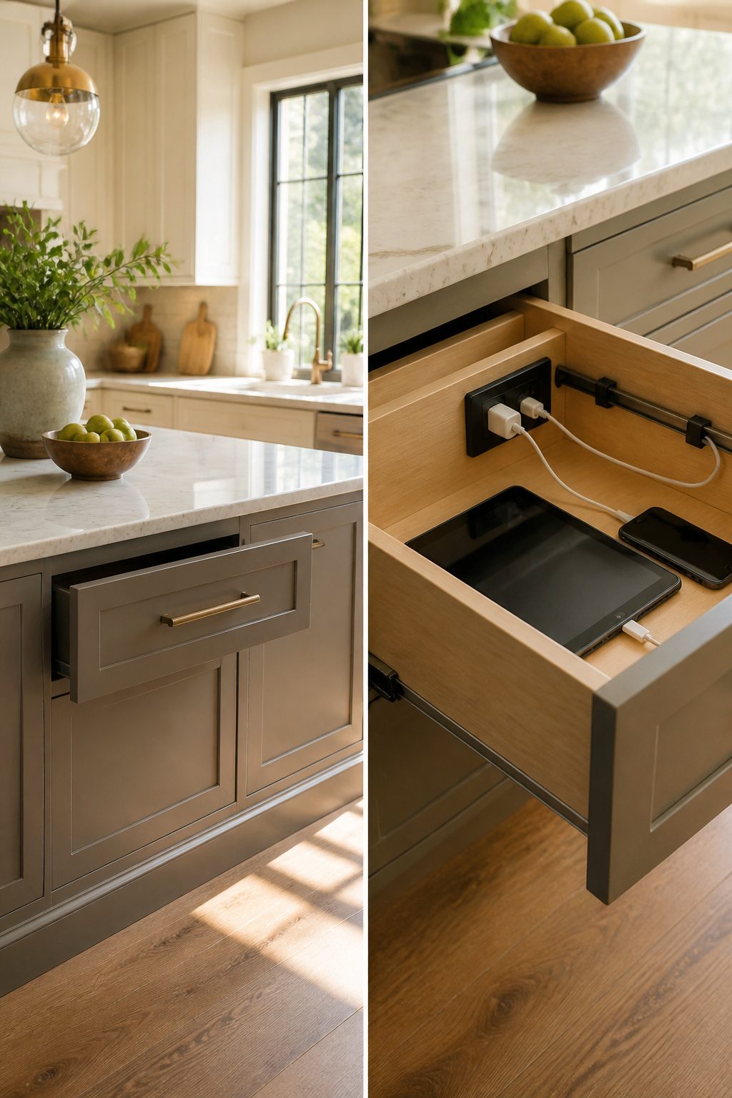 A drawer with electronic devices charging inside, featuring a built-in outlet.