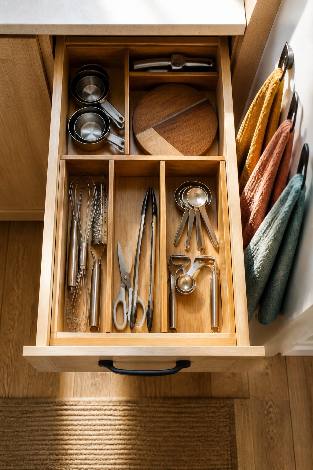 Bamboo dividers inside a drawer organizing cutlery and kitchen tools.