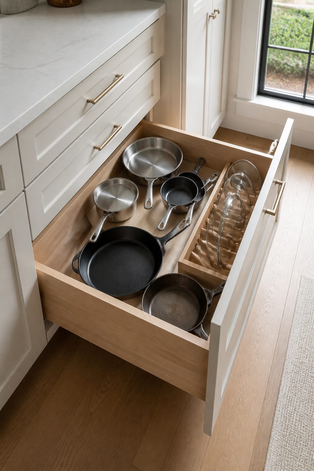 A deep kitchen drawer filled with pots, pans, and organized lids.