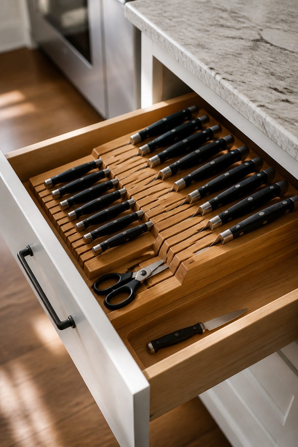 A bamboo knife block inside a drawer holding various kitchen knives.