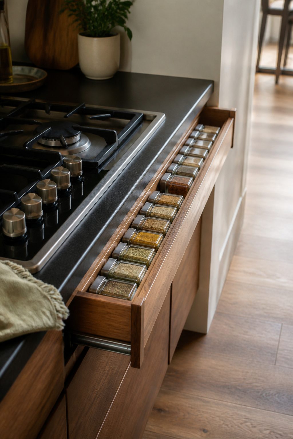 A pull-out spice drawer displaying jars in a single row with labels up.
